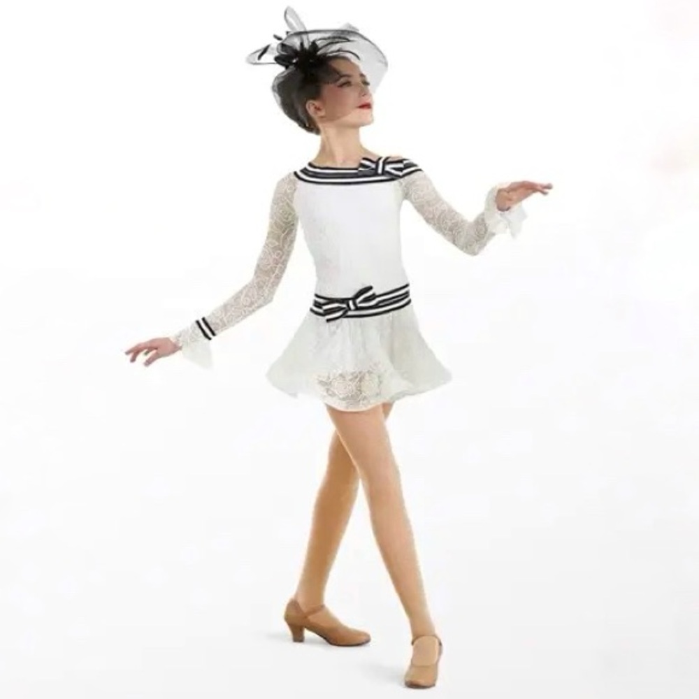 Weissman Kids Dance Costume 2pc My Fair Lady Dress Hat White Lace Black Stripes
